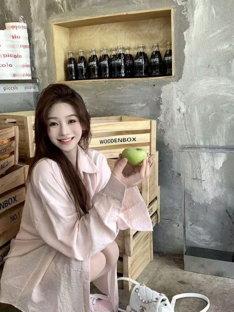 Spring/Summer New Korean Style Ins Pink Long Sleeve Lazy Loose Fit Thin Design Shirt Outerwear