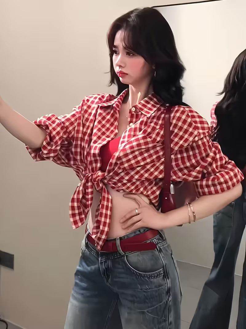 Spring/Summer Japanese Vintage Style Red Plaid Shirt Jacket for Women, Loose-Fitting Casual Summer Outerwear, Relaxed Red Plaid Shirt Jacket for Ladies