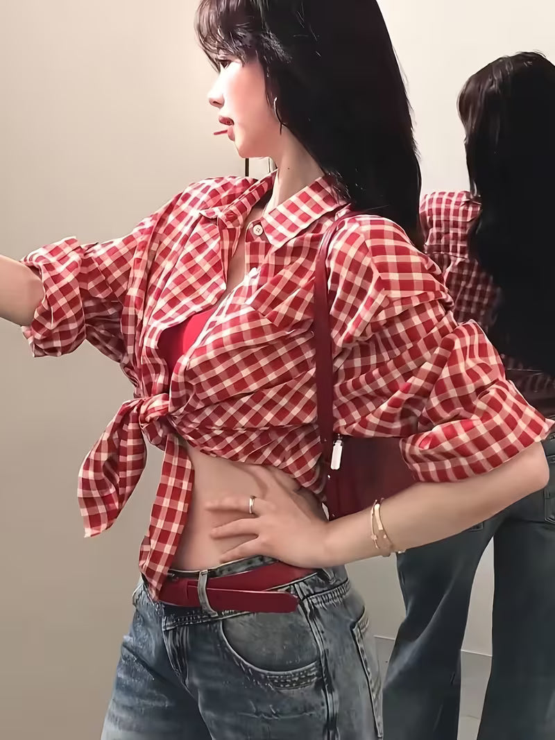 Spring/Summer Japanese Vintage Style Red Plaid Shirt Jacket for Women, Loose-Fitting Casual Summer Outerwear, Relaxed Red Plaid Shirt Jacket for Ladies