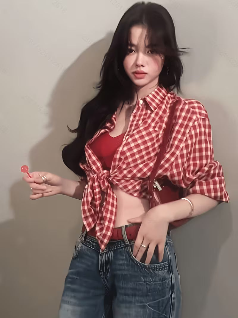 Spring/Summer Japanese Vintage Style Red Plaid Shirt Jacket for Women, Loose-Fitting Casual Summer Outerwear, Relaxed Red Plaid Shirt Jacket for Ladies
