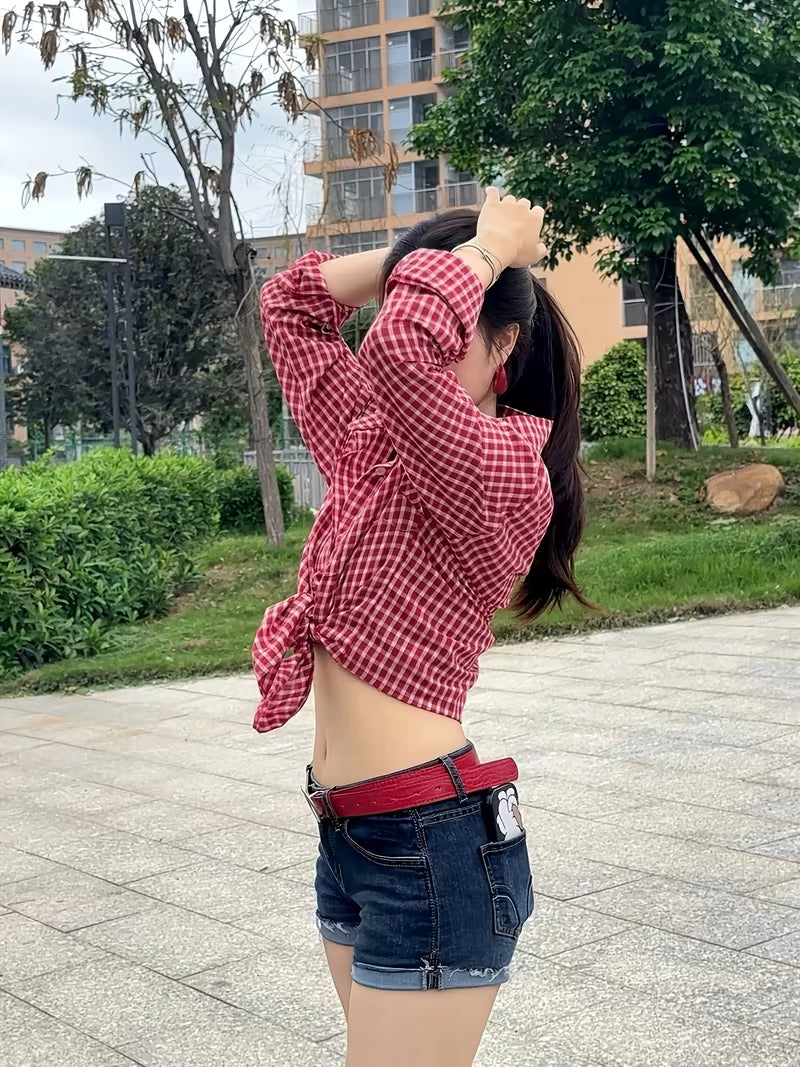 Spring/Summer Japanese Vintage Style Red Plaid Shirt Jacket for Women, Loose-Fitting Casual Summer Outerwear, Relaxed Red Plaid Shirt Jacket for Ladies