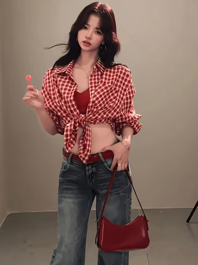Spring/Summer Japanese Vintage Style Red Plaid Shirt Jacket for Women, Loose-Fitting Casual Summer Outerwear, Relaxed Red Plaid Shirt Jacket for Ladies