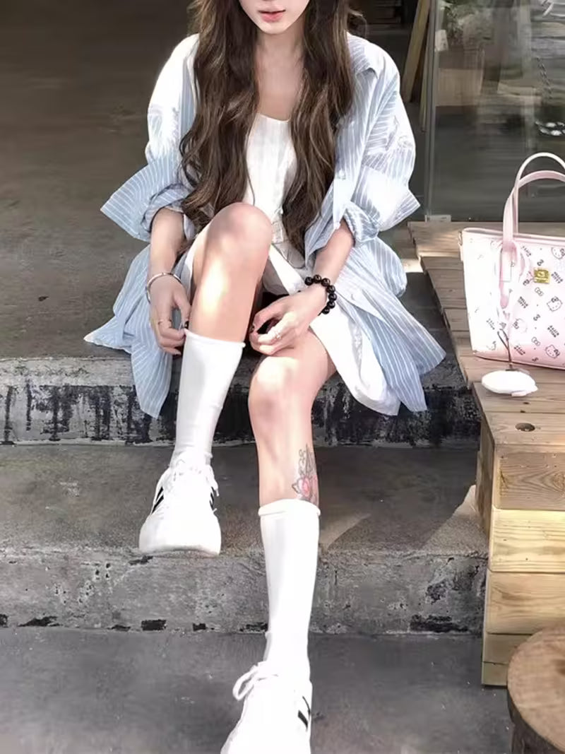 Korean-style Blue and White Vertical Stripe Loose Shirt for Women, Front Short Back Long, Casual Style, Shirt, Outerwear