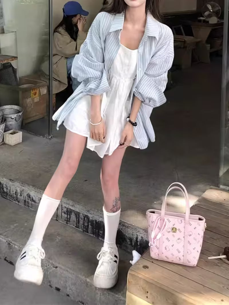 Korean-style Blue and White Vertical Stripe Loose Shirt for Women, Front Short Back Long, Casual Style, Shirt, Outerwear