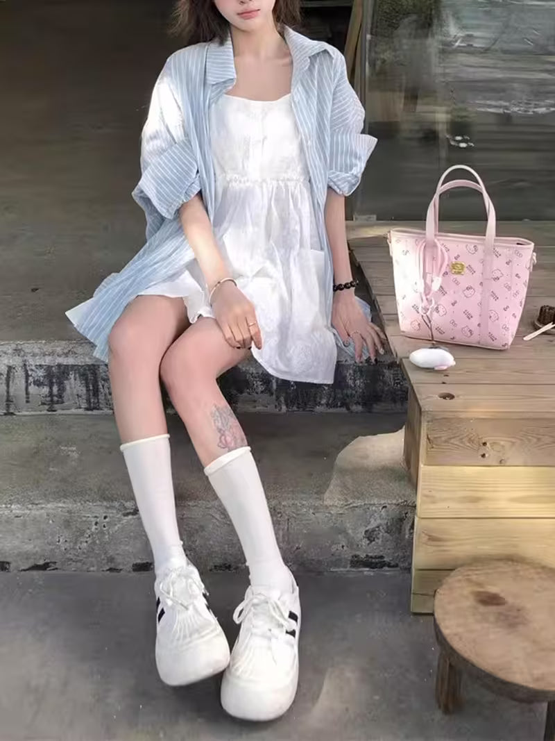 Korean-style Blue and White Vertical Stripe Loose Shirt for Women, Front Short Back Long, Casual Style, Shirt, Outerwear