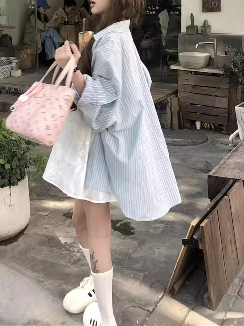 Korean-style Blue and White Vertical Stripe Loose Shirt for Women, Front Short Back Long, Casual Style, Shirt, Outerwear