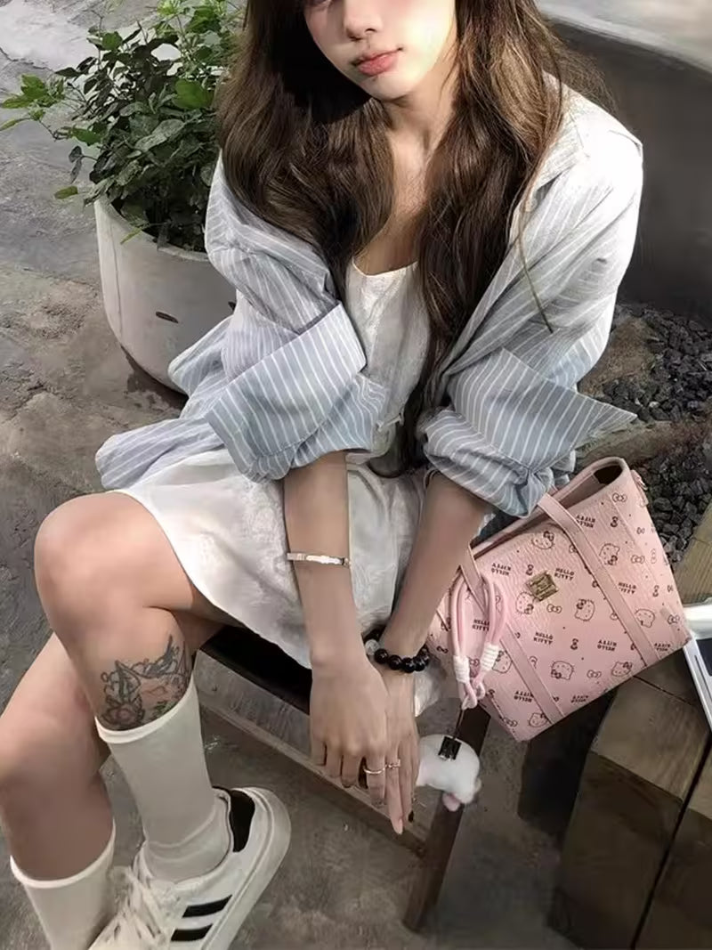 Korean-style Blue and White Vertical Stripe Loose Shirt for Women, Front Short Back Long, Casual Style, Shirt, Outerwear