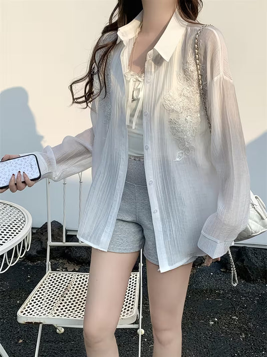 Embroidered Collar Long Sleeve Shirt for Women, Summer Lightweight Breathable Pleated Single-Breasted Button Thin Outer Jacket, Korean-Style Light Luxury Stylish Early Spring Lightweight Versatile High-End Feel, Casual Lazy Style Lace Patchwork